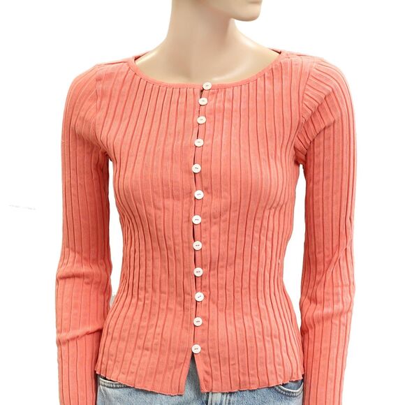 Free People Tilly Long-Sleeve Cardi Blouse Top Knit Ribbed Buttondown S 281393 - Picture 5 of 7